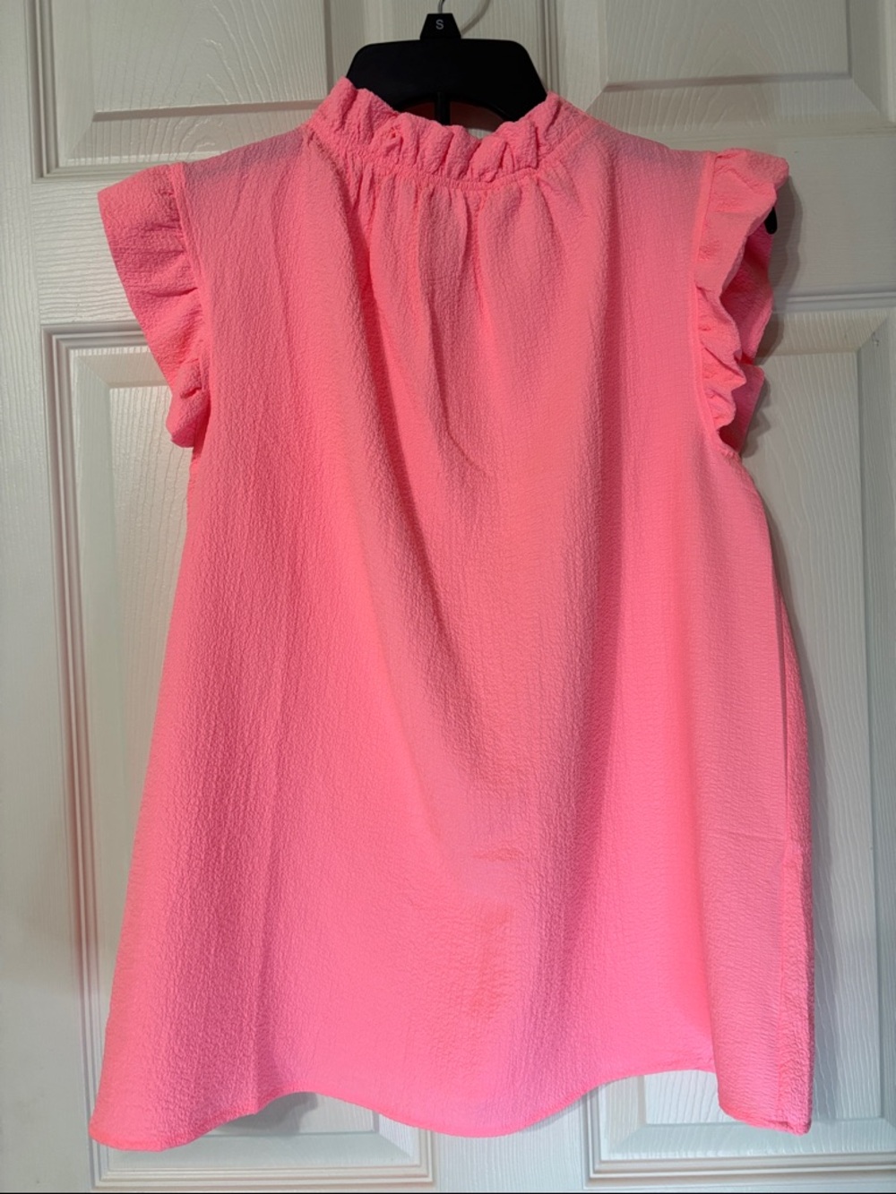 Zenana Outfitters Bright Pink Ruffle Mock Neck Cap Sleeve Blouse